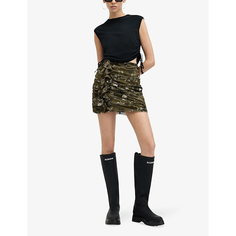 Shop Allsaints Gloria Floral-print Stretch-woven Mini Skirt In Khaki Green