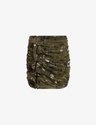 Shop Allsaints Women's Khaki Green Gloria Floral-print Stretch-woven Mini Skirt