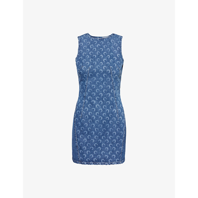 Shop Marine Serre Women's Blue Deadstock Moon-motif Denim Mini Dress