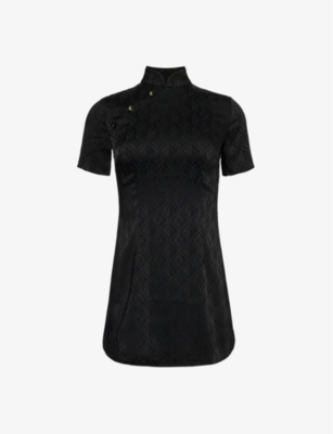 Shop Marine Serre Logo-jacquard Slim-fit Stretch-satin Mini Dress In Black