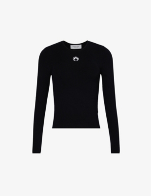 Shop Marine Serre Women's Black Moon-embroidered Long-sleeved Stretch-knit Top