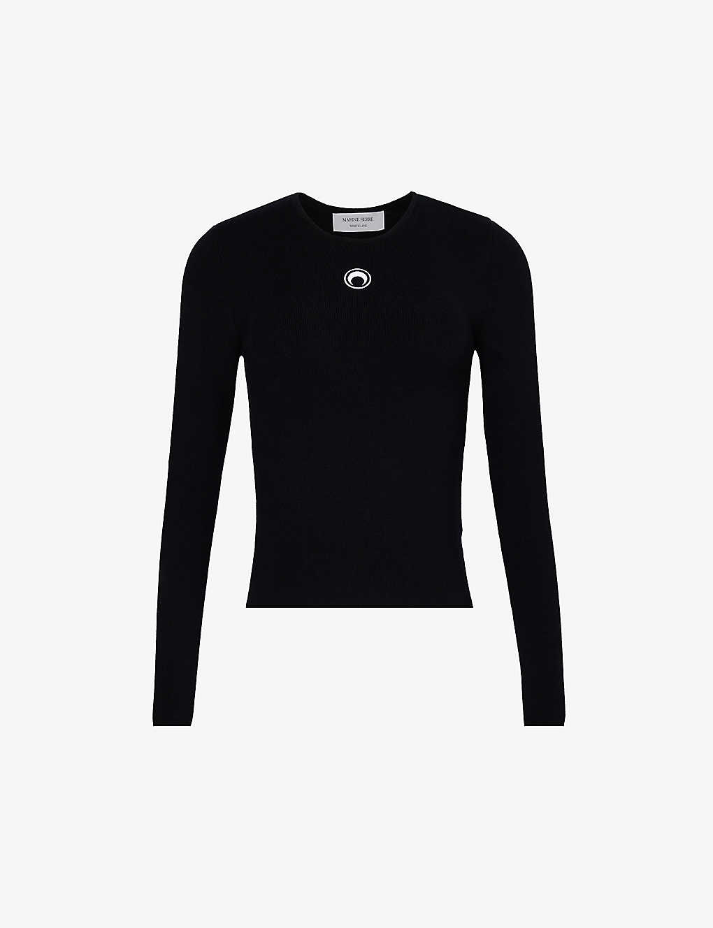 Shop Marine Serre Moon-embroidered Long-sleeved Stretch-knit Top In Black