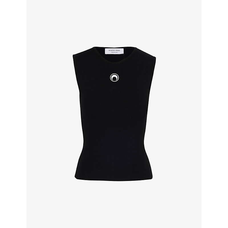 Shop Marine Serre Womens Black Moon-embroidered Sleeveless Stretch-knit Top