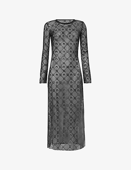 MARINE SERRE: Monogram-pattern long-sleeved mesh midi dress