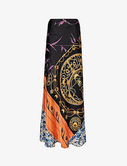 MARINE SERRE: Contrast-panel high-rise slim-fit upcycled silk midi skirt