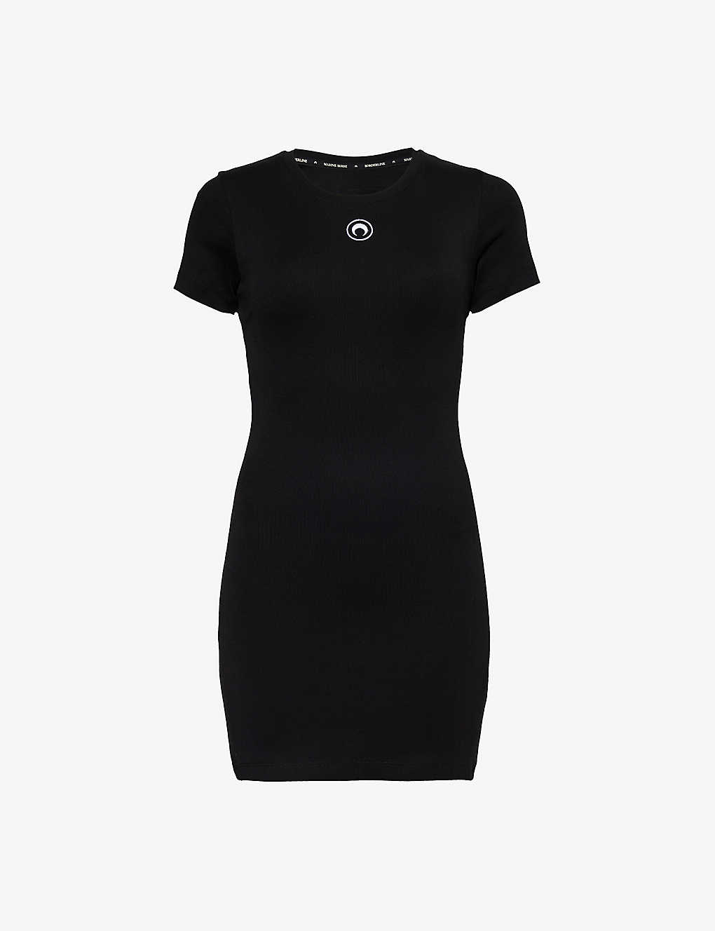 Shop Marine Serre Moon-embroidered Slim-fit Cotton-jersey Mini Dress In Black