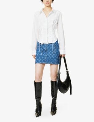 Shop Marine Serre Womens Blue Deadstock Moon-motif Denim Mini Skirt