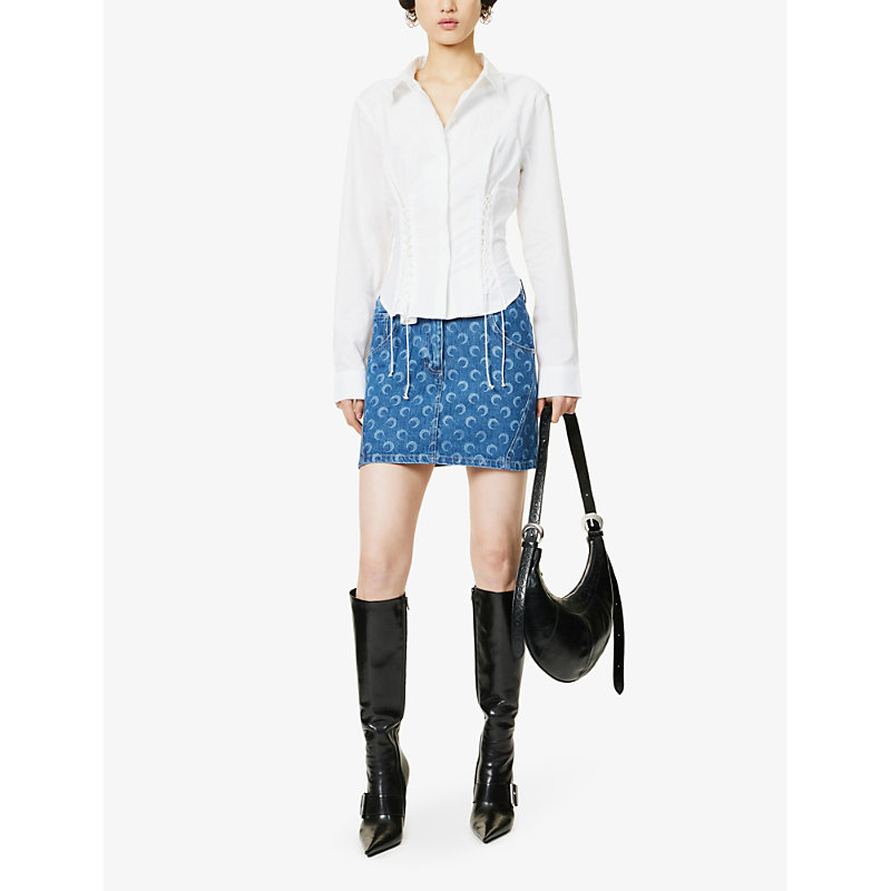 Shop Marine Serre Deadstock Moon-motif Denim Mini Skirt In Blue