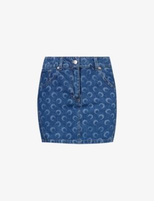 Shop Marine Serre Womens Blue Deadstock Moon-motif Denim Mini Skirt