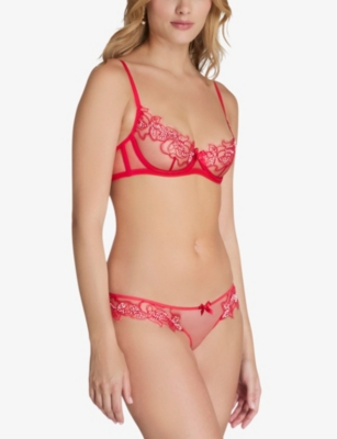 Shop Agent Provocateur Women's Red Lindie Mid-rise Embroidered Floral Mesh Briefs