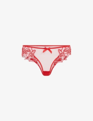 Shop Agent Provocateur Women's Red Lindie Mid-rise Embroidered Floral Mesh Briefs