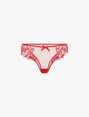 Agent Provocateur Womens Red Lindie Mid-rise Embroidered Floral Mesh Briefs In Red