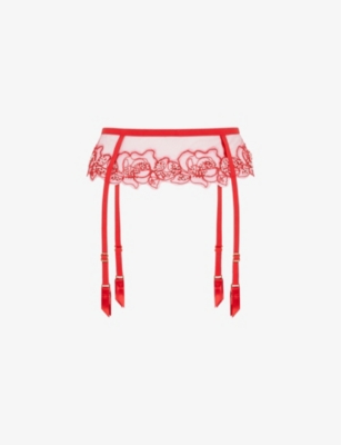 Shop Agent Provocateur Women's Red Lindie Floral-embroidered Mesh Suspender Belt