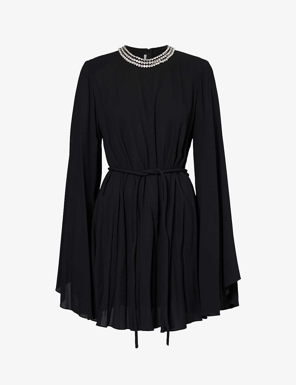 Stella Mccartney Womens Black Embellished-neckline Tie-waist Stretch-woven Mini Dress