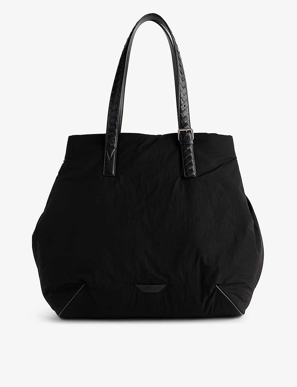 Shop Bottega Veneta Black-silver Logo-patch Faux-leather Tote Bag