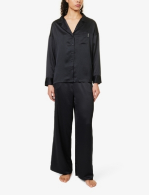 Shop Lounge Underwear Women's Black Brand-patch Relaxed-fit Recycled-polyester Pyjama Shirt