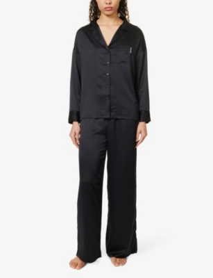 Shop Lounge Underwear Brand-patch Relaxed-fit Stretch-recycled Polyester Pyjama Trousers In Black