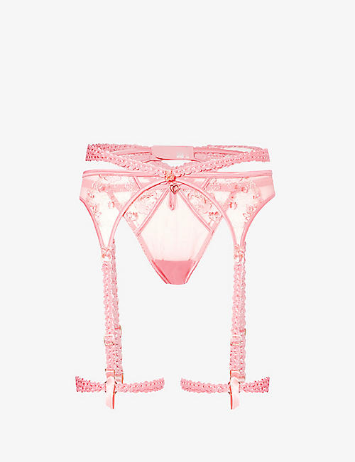 LOUNGE UNDERWEAR: Casey floral-embroidered mesh two-piece set