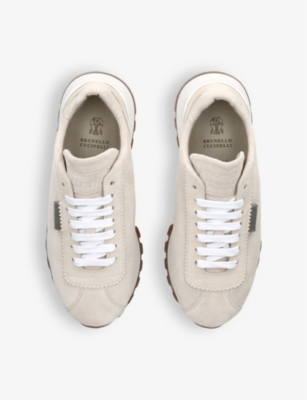 Shop Brunello Cucinelli Women's Bone Runner Suede Low-top Trainers