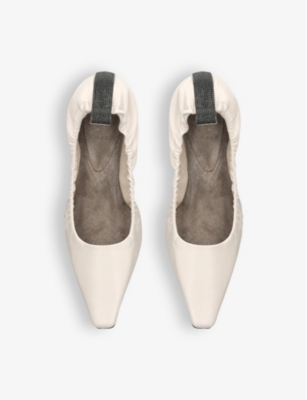 Shop Brunello Cucinelli Pointed-toe Bead-embellished Leather Ballet Flats In Bone