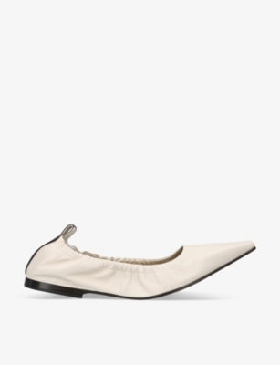 Shop Brunello Cucinelli Women's Bone Pointed-toe Bead-embellished Leather Ballet Flats