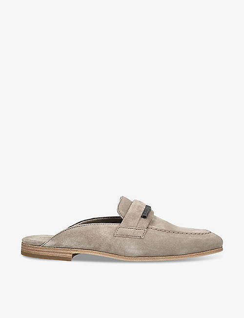 BRUNELLO CUCINELLI: Bead-embellished backless suede penny loafers