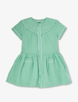 Stella Mccartney Girls Verde Acqua Kids Scallop-trimmed Linen And Cotton-blend Dress 8 Years In Green