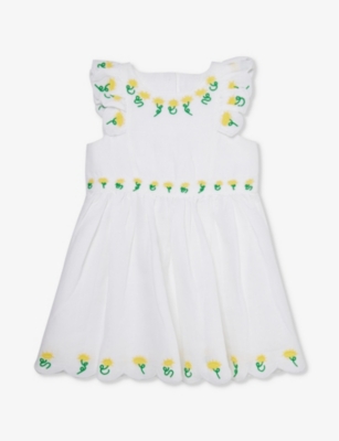 Stella Mccartney Babies'  White Sunflower-embroidered Linen And Cotton-blend Dress 12-36 Months