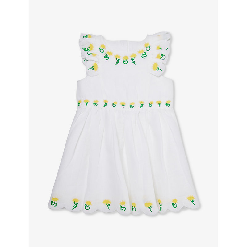 Stella Mccartney Babies'  White Sunflower-embroidered Linen And Cotton-blend Dress 12-36 Months