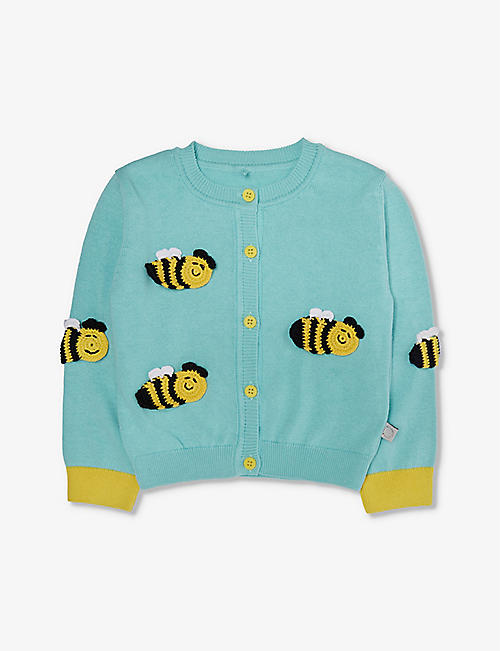 STELLA MCCARTNEY: Bee-appliqué contrast-trim organic-cotton knitted cardigan 9-36 months