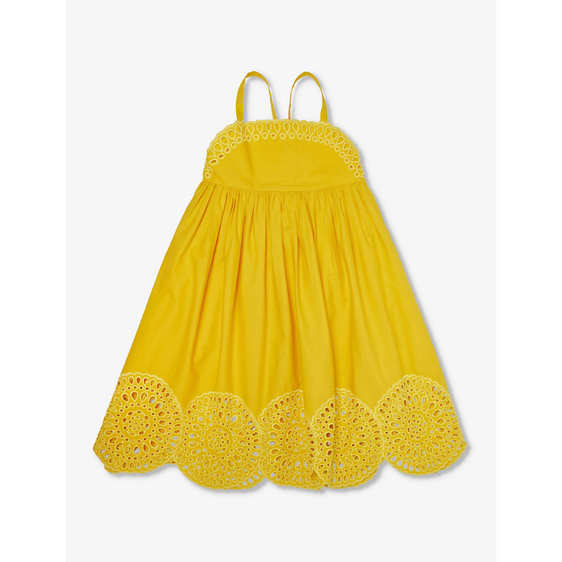 Shop Stella Mccartney Girls Giallo Kids Broderie-anglaise Sleeveless Organic-cotton Poplin Dress 6-12 Yea