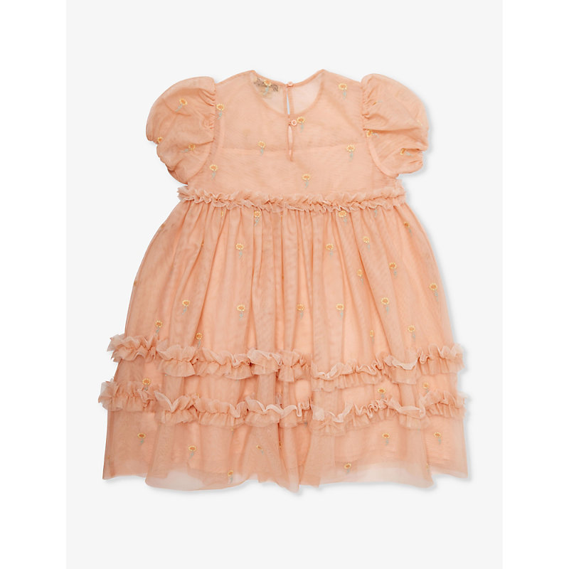 Shop Stella Mccartney Tulle Floral-embroidered Recycled-polyester Dress 6-12 Years In Salmone/emboidery