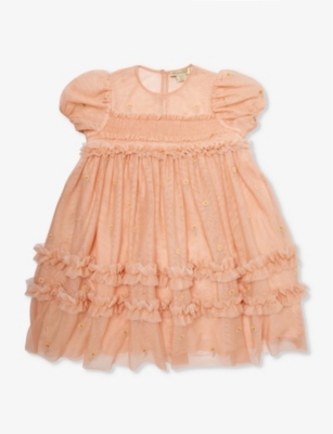 Shop Stella Mccartney Girls Salmone/emboidery Kids Tulle Floral-embroidered Recycled-polyester Dress 6-12