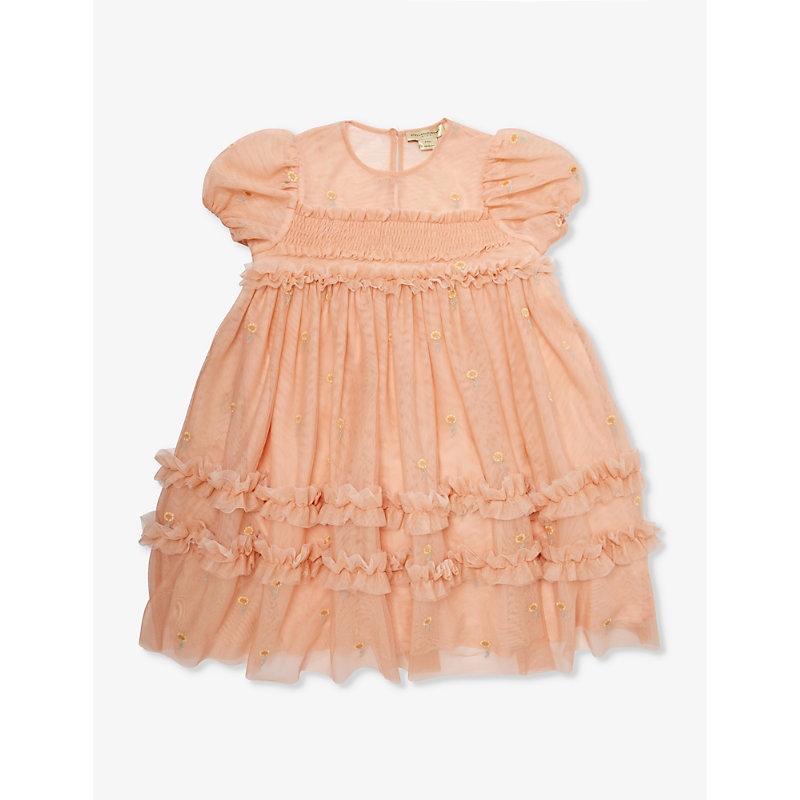 Shop Stella Mccartney Girls Salmone/emboidery Kids Tulle Floral-embroidered Recycled-polyester Dress 6-12