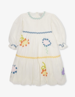 Stella Mccartney Girls Ivory Kids Floral-embroidered Long-sleeve Linen And Cotton-blend Dress 4-12 Y