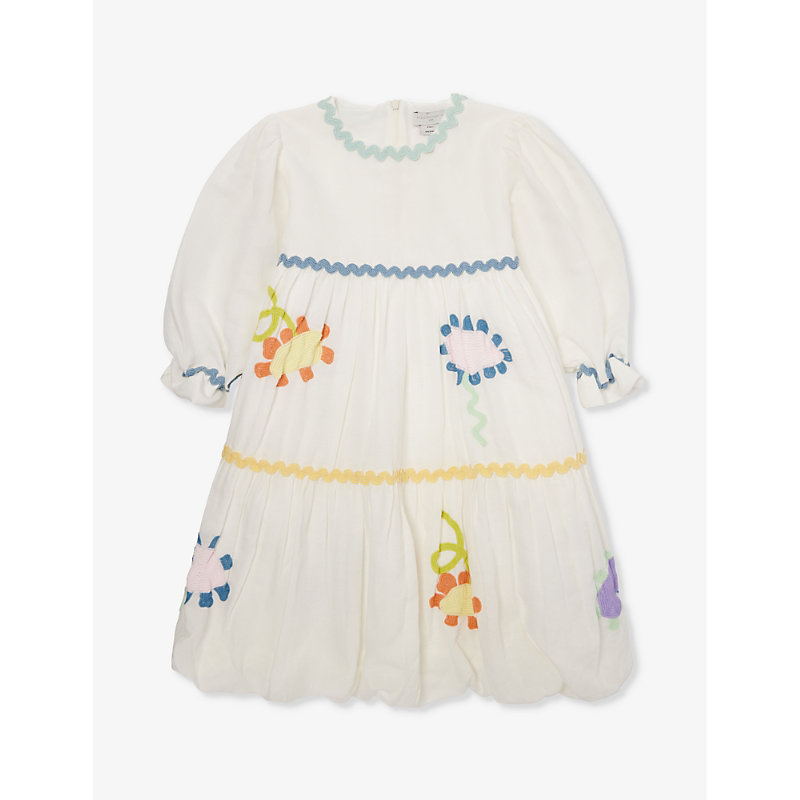 Stella Mccartney Girls Ivory Kids Floral-embroidered Long-sleeve Linen And Cotton-blend Dress 4-12 Y
