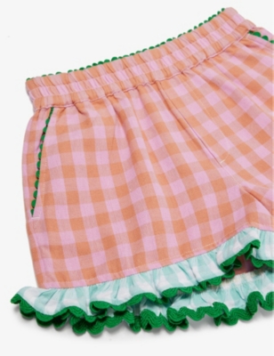 Shop Stella Mccartney Girls Rosa/arancio Kids Check-print Frill-trim Cotton Shorts 6-12 Years