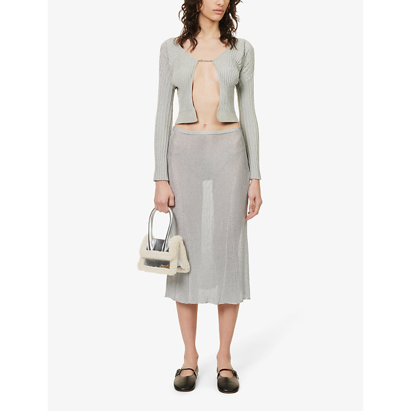 Shop Jacquemus Pralu Chain-embellished Open-front Stretch-knit Cardigan In Silver