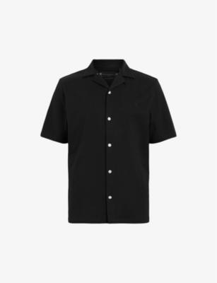 Shop Allsaints Men's Black Hudson Logo-embroidered Relaxed-fit Organic-cotton Shirt