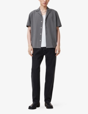 ALLSAINTS MENS IRON GREY HUDSON LOGO-EMBROIDERED RELAXED-FIT COTTON SHIRT