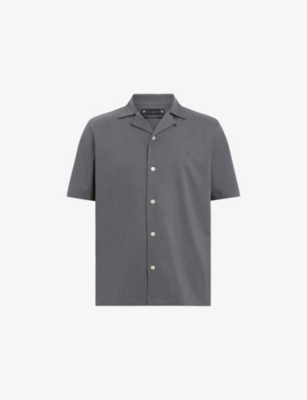ALLSAINTS MENS IRON GREY HUDSON LOGO-EMBROIDERED RELAXED-FIT COTTON SHIRT