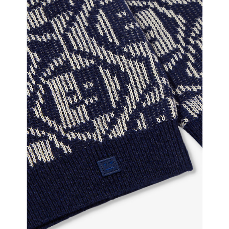 Shop Acne Studios Logo-jacquard Wool And Cotton-blend Jumper 6-8 Years In Navy/oatmeal Melange