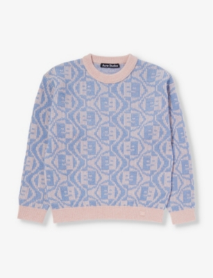 Shop Acne Studios Boys Faded Pink/light Blue Kids Logo-jacquard Wool And Cotton-blend Jumper 6-8 Years