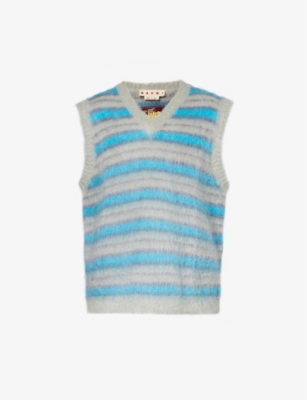 Shop Marni Men's Titanium Striped V-neck Sleeveless Wool-blend Jumper In Blue