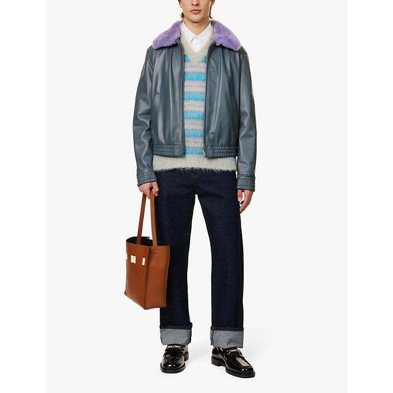Shop Marni Contrast-collar Boxy-fit Leather Jacket In Truffle