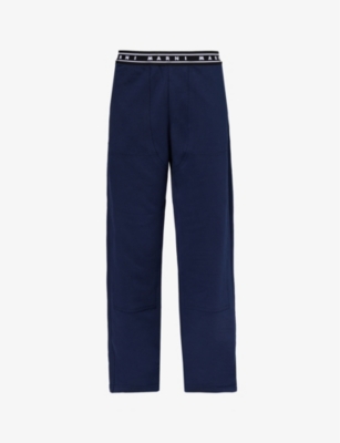 Shop Marni Branded-waistband Straight-leg Relaxed-fit Cotton-jersey Trousers In Blue Kyanite