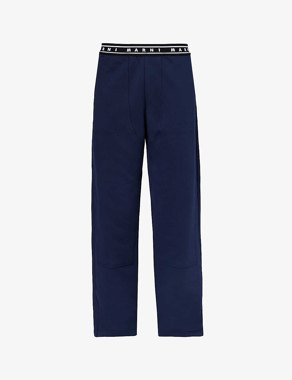 Shop Marni Branded-waistband Straight-leg Relaxed-fit Cotton-jersey Trousers In Blue Kyanite