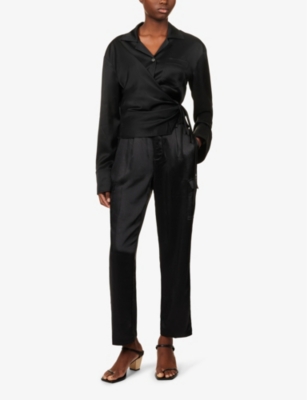 Shop Paige Women's Black Malika Straight-leg Flap-pocket Satin Trousers
