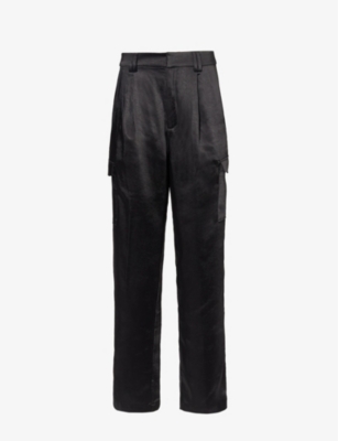 Shop Paige Malika Straight-leg Flap-pocket Satin Trousers In Black