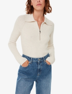 Whistles Womens Cream Polo-collar Half-zip Cotton And Recycled-polyester Top In Cream